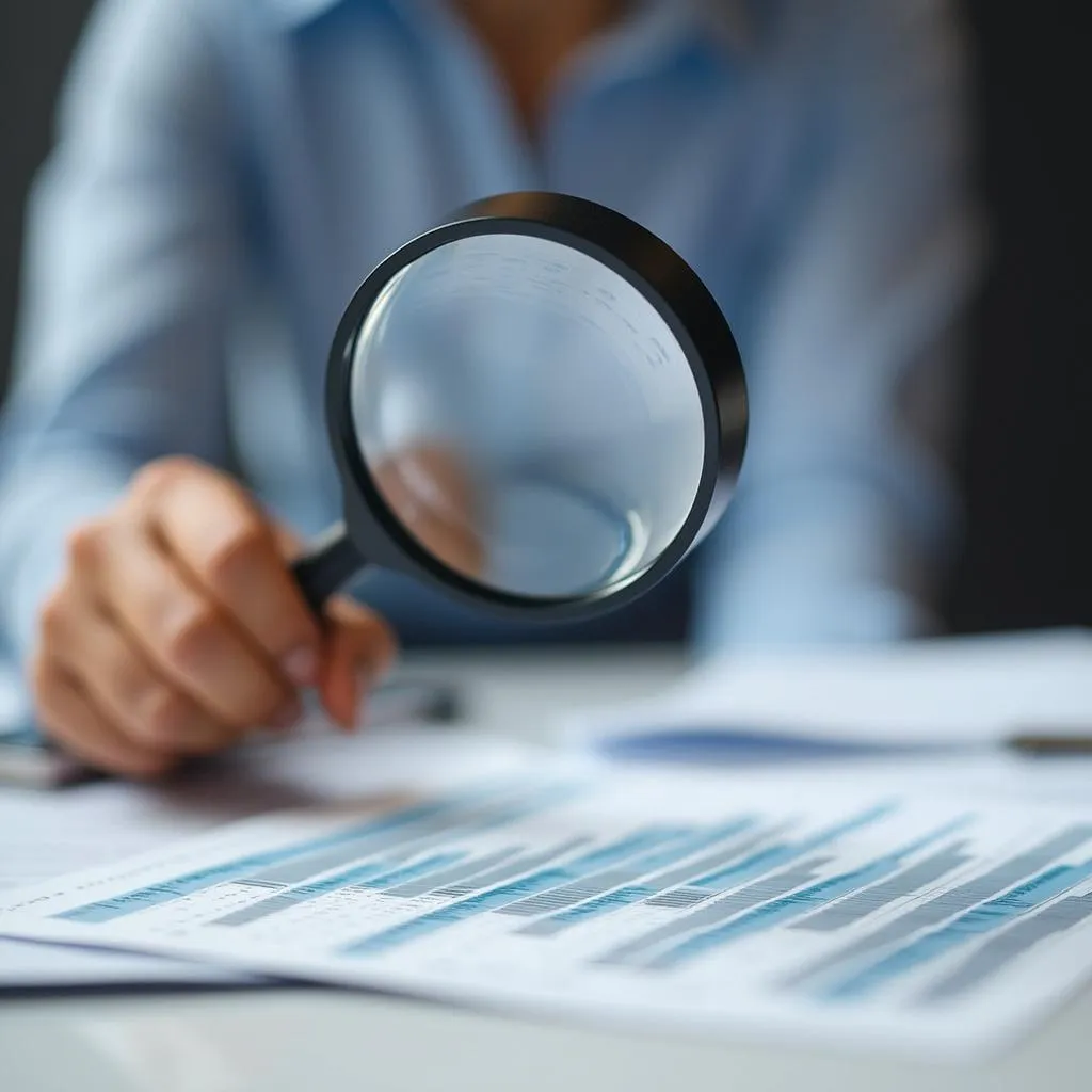 Auditor revisando documentos financieros detalladamente