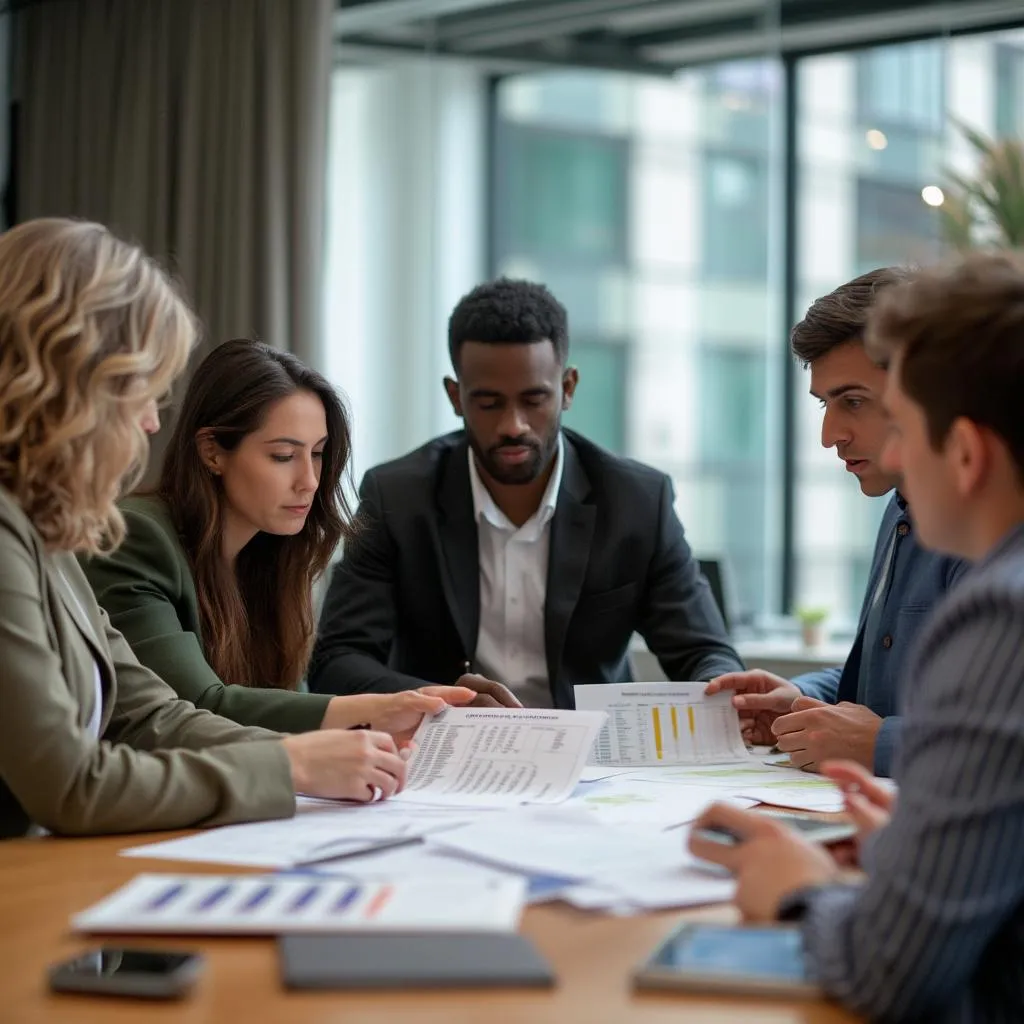 Equipo discutiendo estrategias financieras